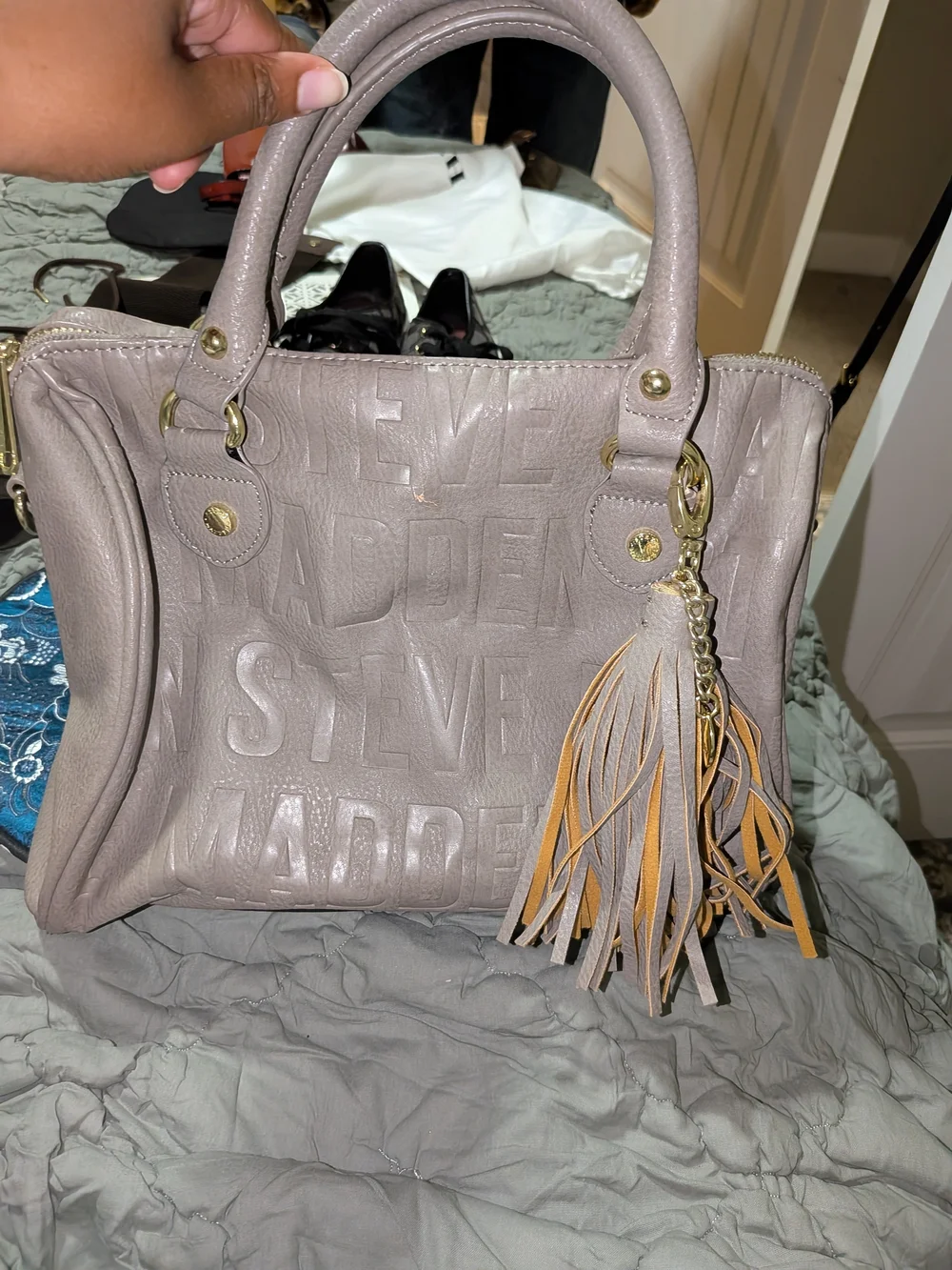 Steve Madden Taupe Embossed Logo Satchel with Tassel